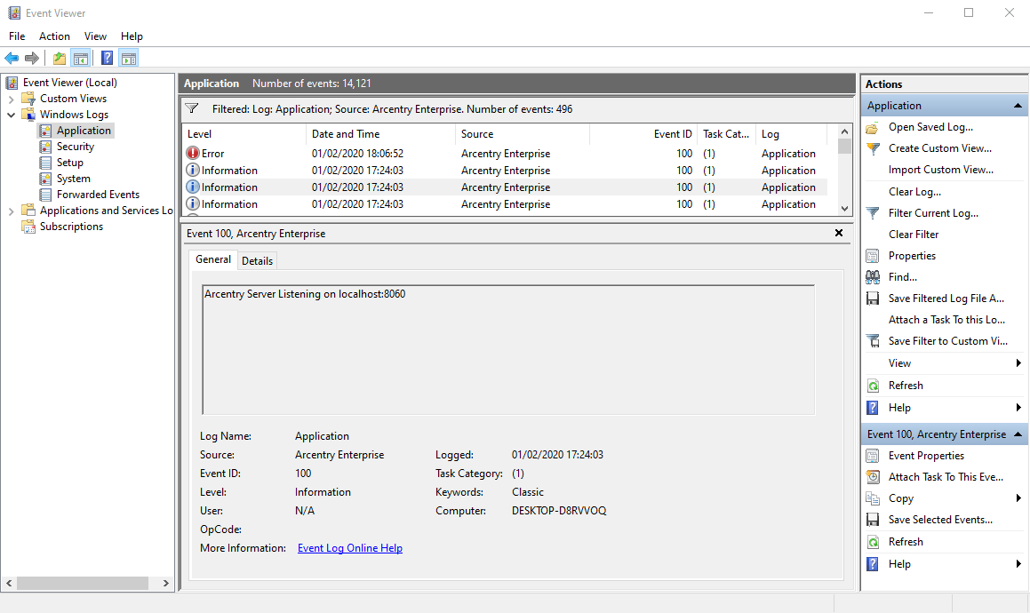 Event Viewer Output for Arcentry Service