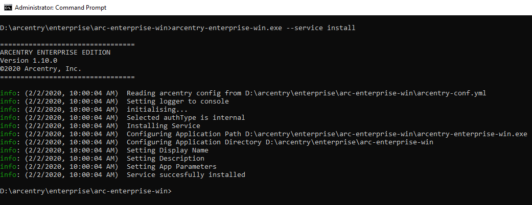 Service Install Command Console output