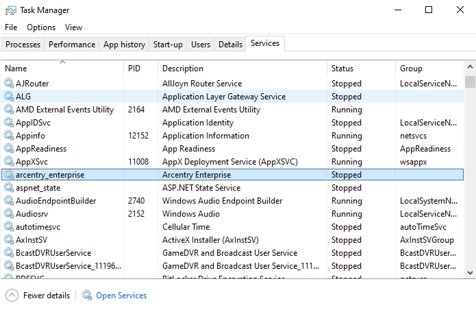 Task Manager Service Tab