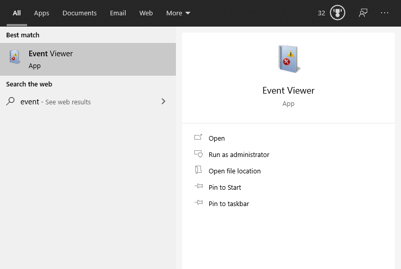 Searching for the Windows Event Viewer